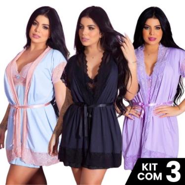 Imagem de Kit 3 Robes  Renda Luxo  Feminino Noiva Sexy Roupão de Banho Kimono Ro