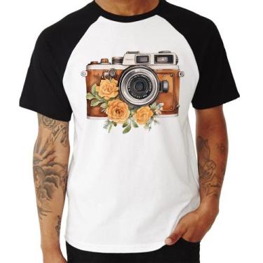 Imagem de Camiseta Raglan Máquina Fotográfica Vintage e Flores - Foca na Moda, B