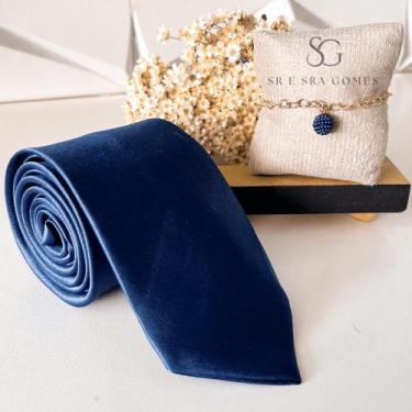 Imagem de Kit gravata mais pulseira para padrinhos de casamento azul marinho gra