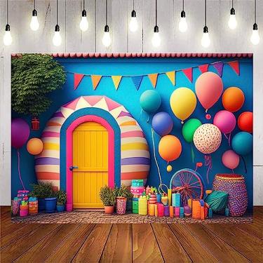 Imagem de Balão colorido cenário de feliz aniversário carnaval infantil decoração de festa de aniversário 3D balão colorido fundo fotográfico recém-nascido crianças chá de bebê pano de fundo bolo quebra banner