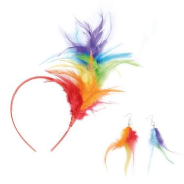 Imagem de Kit de Tiara com Brincos Feitos de Pena Arco Iris Colorido tema LGBT 2