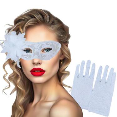 Imagem de Kit Acessório Fantasia Baile de Máscaras Carnaval: Máscara + Luva Rend