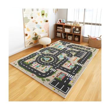 Imagem de Tapete ABC analógico infantil para sala de jogos, carro, vida urbana, estrada para carros, mapa divertido da cidade para quarto de meninos (198 x 299 cm, cidade noturna)