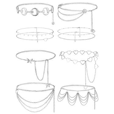 Imagem de Equsion 10 peças de corrente de barriga de prata para mulheres Boho multicamadas longo borla de metal cinto verão ajustável skinny praia biquíni corpo corrente de barriga jóias para mulheres saia vestido, one size, Liga, Sem pedras preciosas