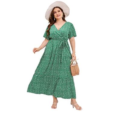 Imagem de KOJOOIN Vestido longo feminino plus size com decote em V, cintura alta, babados, manga curta, vestido casual de verão com cinto, Flor branca verde, GG