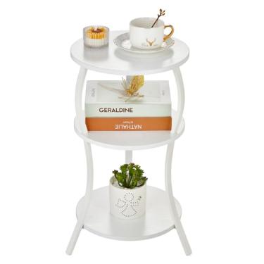 Imagem de YEAKOO Mesa lateral redonda pequena vintage, mesa circular de cintura fina de 3 camadas com prateleira de armazenamento, mesa compacta para sofá de chá, mesa de centro de canto redondo, mesa de