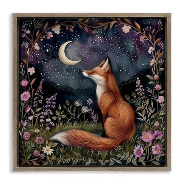 Imagem de Stupell Industries Woodland Fox Night Forest Framed Floater Canvas Wall Art Design by The Dutch Lady, Moldura flutuante marrom, 45,7 x 45,7 cm