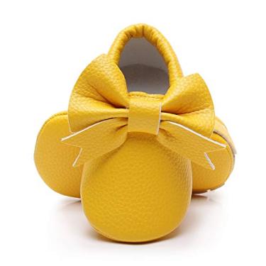 Imagem de Bebila Mocassins de bebê com franjas de laço duplo - Sapatos de bebê com sola macia para meninas e crianças pequenas, Amarelo, 0-3 Months Toddler