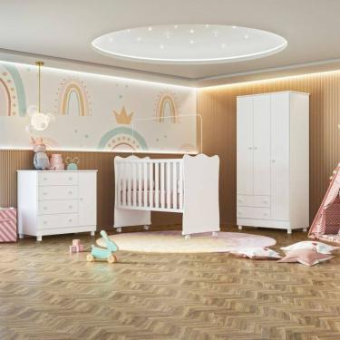 Imagem de Conjunto Quarto de Bebê Completo Guarda Roupa Cômoda e Berço com Rodízio Doce Sonho