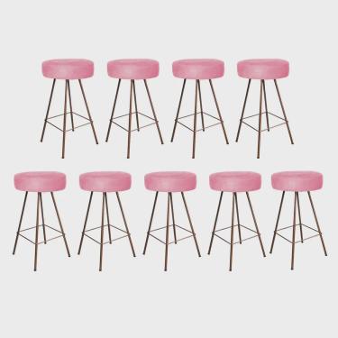 Imagem de Kit 09 Banqueta Alta Laisa Industrial Redonda Cozinha Bar Balcão Bistrô Ferro Bronze Suede Rose Gold - Ahz Móveis