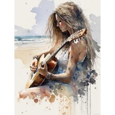 Imagem de HMDIIMGE Kits de pintura de diamante mulher guitarra aquarela 5D, kits de ponto cruz de cristal adulto para decoração de quarto, decoração de parede e presentes 30 x 40 cm