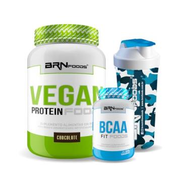Imagem de Kit VEGAN PROTEIN 900g Baunilha + BCAA Fit Foods + Coqueteleira - BRN FOODS (Médio, Chocolate)