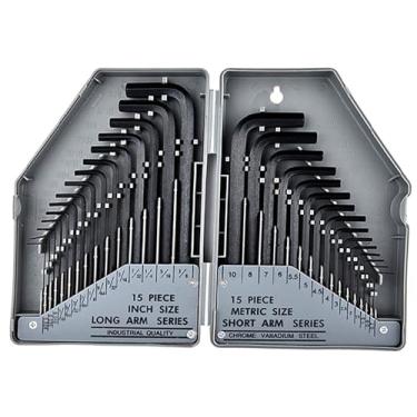 Imagem de YIKANGHENG 30 chaves hexagonais embaladas em caixa, 15 peças SAE e 15 peças de chave inglesa métrica de aço de alto carbono preta em forma de L para reparo de casa, carro e bicicleta (cinza)