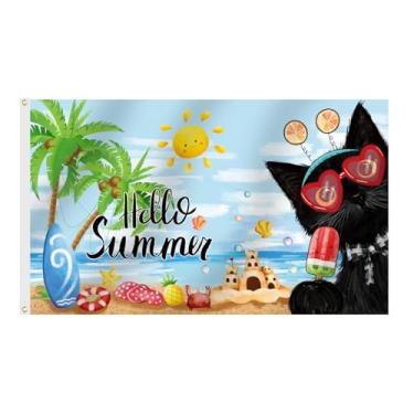 Imagem de SENSEVEN Bandeiras de verão de gato preto para uso externo de 9 x 1,5 m, bandeira sazonal de jardim de picolé de coqueiro, bandeira costeira de praia de gatinho fofo Hello Summer Welcome Banner para