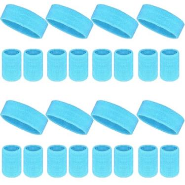 Imagem de O conjunto de 24 faixas de suor neon inclui 8 faixas esportivas e 16 pulseiras de algodão neon dos anos 80 para academia, tênis, basquete, corrida, exercícios (azul celeste)