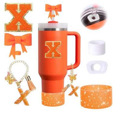 Imagem de Conjunto de 6 peças de acessórios de copo Stanley laranja adequado para Stanley Cup 850.5 g 1,134 g, incluindo tampa à prova de derramamento, bota de silicone brilhante, topo de palha em forma de laço