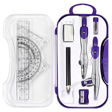 Imagem de Unjoo Conjunto de kit de geometria matemática com 10 peças para estudantes com caixa de armazenamento inquebrável, inclui réguas, transferidor, bússola, borracha, apontador de lápis, refis de chumbo, lápis, para desenho e desenhos (roxo)