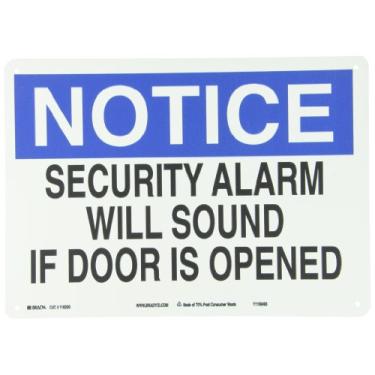 Imagem de Brady 116200 35,5 cm largura x 25,4 cm altura B-563 Plástico, azul e preto sobre branco cor sinal de segurança sustentável, legenda "aviso alarme de segurança soará se a porta for aberta"