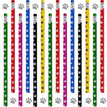 Imagem de Lápis com estampa de pata, 6 cores sortidas, lápis de pata de cachorro, lápis de madeira para escrita com borrachas, material escolar, lembrancinhas de festa de aniversário para artistas, crianças, estudantes (24 peças)