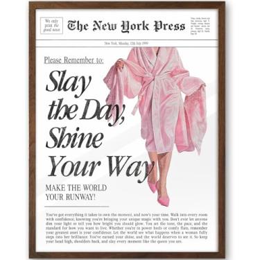 Imagem de iHery Arte de parede emoldurada de madeira de carvalho natural, retrô, vintage, rosa, nogueira, 30,5 x 40,6 cm, decoração de parede em tela, arte moderna de jornal para quarto, banheiro, sala de estar