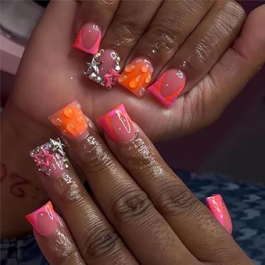 Imagem de RTKHFZE 24 Peças Unhas Postiças Curtas De Acrílico Com Ponta Francesa E Pingentes, Cola Em Formato Estrelas, Brilho Falso, Cobertura Total, Bastão Para Mulheres