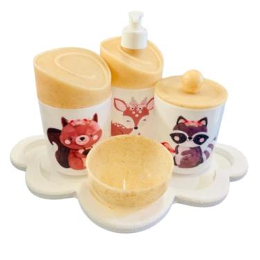 Imagem de Kit Higiene Bebê Floresta Encantada II Menina c/bandeja em MDF (Nuvem Branca/Madeira)