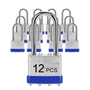 Imagem de LQYN Cadeado laminado com chave (1-9/40.6 cm, 40 mm), fechaduras semelhantes com chave, manilha longa, pacote com 12, trava para armário de academia, bagagem, mala, bagagem, caixa de ferramentas,