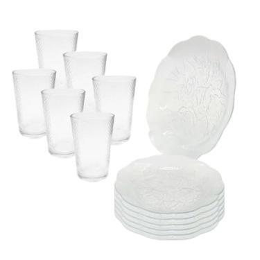 Imagem de Jogo 12 Peças Aparelho de Jantar 6 Pratos Rosas Vidro + 6 Copos Latino