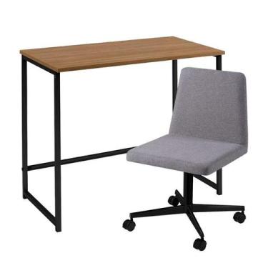 Imagem de Escrivaninha Tampo Mel Cadeira Cinza Base Preta 55x55x40cm - DAF