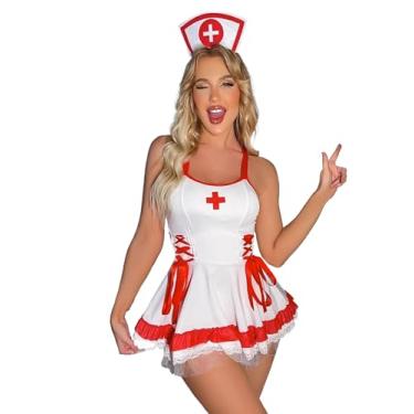 Imagem de TIPINOICE Lingerie feminina sexy fantasia de enfermeira roupa de noite cosplay vestido saia conjunto uniforme, Branco B, M