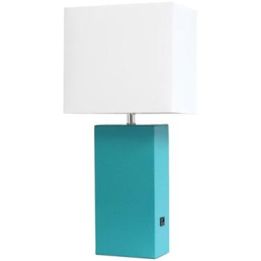 Imagem de Elegant Designs LT1053-TEL Abajur de mesa de couro moderno com USB e tom de tecido branco, azul-petróleo
