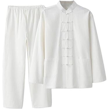 Imagem de Terno Tang Masculino Roupas Tradicionais Respirável Confortável Terno De Artes Marciais Kung Fu Uniforme Algodão Linho Tai Chi Roupas Calças De Manga Comprida, White, （4XL-5XL）