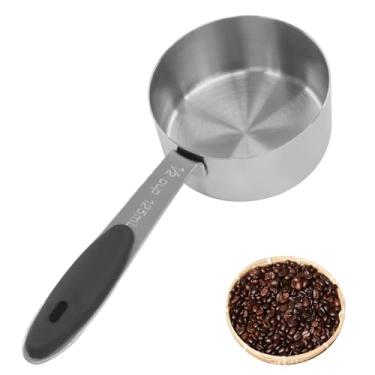 Imagem de Waziaqoc Copo medidor de café de 1/2 xícara, colher de medição de aço inoxidável de 125 ml, colher de comida de gato de 125 ml com alça preta confortável para cozinhar, animais de estimação, café