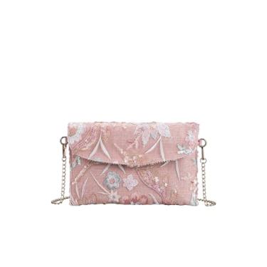 Imagem de SweatyRocks Bolsas femininas de lantejoulas florais transversais com aba de corrente elegantes para noite, rosa, One Size