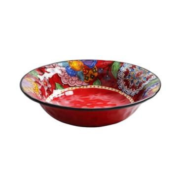 Imagem de Tigela de salada de cerâmica grande requintada com personalidade criativa retrô doméstica - bacia vermelha