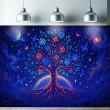 Imagem de Starlit Patio Tapeçaria de árvore cósmica luz negra UV reativa para pendurar na parede raízes do arco-íris flores e planetas para quarto dormitório sala de estar decoração espiritual brilhante pôster