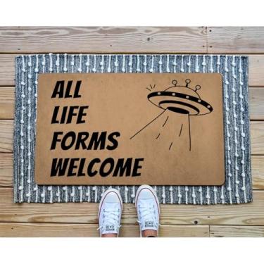 Imagem de GXFC ZHAO Capacho engraçado de boas-vindas para decoração de varanda antiderrapante presente 60 cm (C) x 40 cm (L) (All Life Forms Welcome Alien UFO)