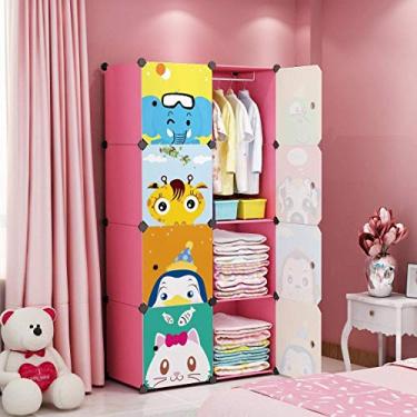 Imagem de MAGINELS Vestimenta infantil guarda-roupa armário portátil para quarto roupas de armários para pendurar organizador cubo organizador grande azul rosa 6 Cube & 1 Rod rosa