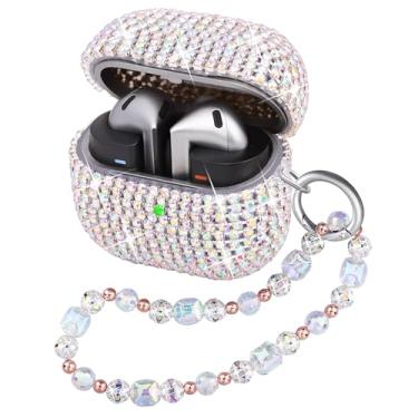 Imagem de Ucharmbead Capa compatível com Samsung Galaxy Buds 3 e Galaxy Buds 3 Pro, capa brilhante de cristal, com cordão brilhante e pingente de chaveiro para mulheres (bege)