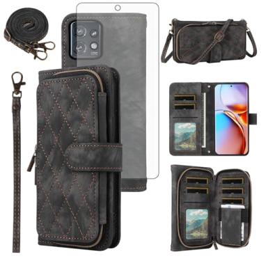 Imagem de Capa de celular para Motorola Edge+ Plus 2023/Edge 40 Pro 5G/Moto X40 capa de celular carteira com protetor de tela de vidro temperado alça transversal alça flip suporte zíper bolsa porta-cartão X +