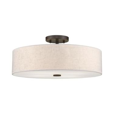 Imagem de Livex Lighting 52136-92 Meridian Collection 4 luminárias de montagem de teto transitório com sombra de tecido de cor de aveia, bronze inglês