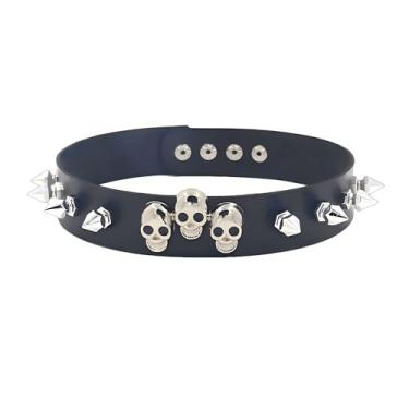 Imagem de Yepelesi Colar gargantilha de couro punk gótico preto cravado gargantilha feminina de caveira de Halloween bijuteria cosplay acessórios góticos, Adjustable, Couro, Sem Pedra Preciosa