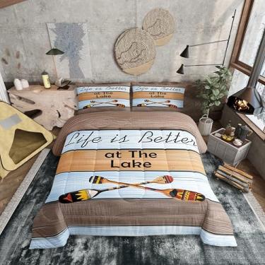 Imagem de Erosebridal Conjunto de cama rústico com remo de barco, vida no lago, para crianças, meninos, meninas, conjunto de colcha de madeira com 1 fronha, conjunto de edredom de fazenda para decoração de