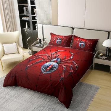 Imagem de Manfei Capa de edredom infantil de teia de aranha 100% algodão, tamanho Queen, aranha vermelha, inseto, aracnídeo, animal, meninas, meninos, conjunto de roupa de cama, feliz dia das bruxas, azul e