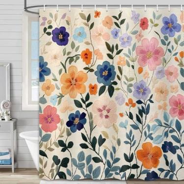 Imagem de MCKTOM Linda cortina de chuveiro floral boho, colorido, botânico, rosa, azul, folha, vintage, rústico, botânico, plantas naturais, arte de flor, tecido impresso, poliéster, impermeável, cortina de