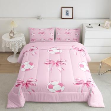 Imagem de Jogo de cama casal com laço de futebol americano, rosa, fofo, estilo princesa, para decoração de quarto de crianças, adolescentes e mulheres, 2 fronhas