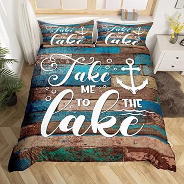 Imagem de Conjunto de capa de edredom Lake Life, Queen, rústico, casa de fazenda, 3 peças, para decoração de quarto de crianças, adolescentes, meninos, meninas, vintage, marrom, cabana, casa, capa de edredom