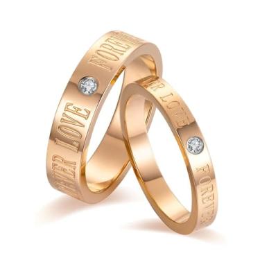 Imagem de lvrong Anéis de casamento de aço de titânio banhado a ouro rosa AAA CZ Aliança de casamento para ele e para ela, women size6&men size13, Papel, Zircônia cúbica
