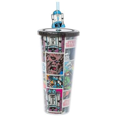 Imagem de Silver Buffalo Copo frio de plástico Star Wars Comic com tampa e canudo com Chewbacca, R2D2, Darth Vader, Stormtrooppers, Han Solo, Boba Fett, Luke Skywalker e Princesa Leia, 680 g