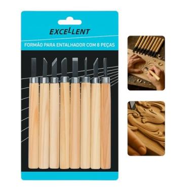 Imagem de Kit Formão para Entalhe em Madeira, 8 Peças, Lâminas em Aço Carbono, Cabos em Madeira 100mm